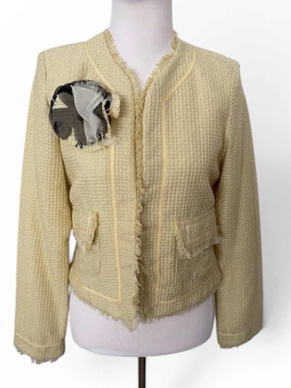 Vintage Pale Yellow Textured Fringe Jacket w Removable Flower Brooch  Y2K NWOT